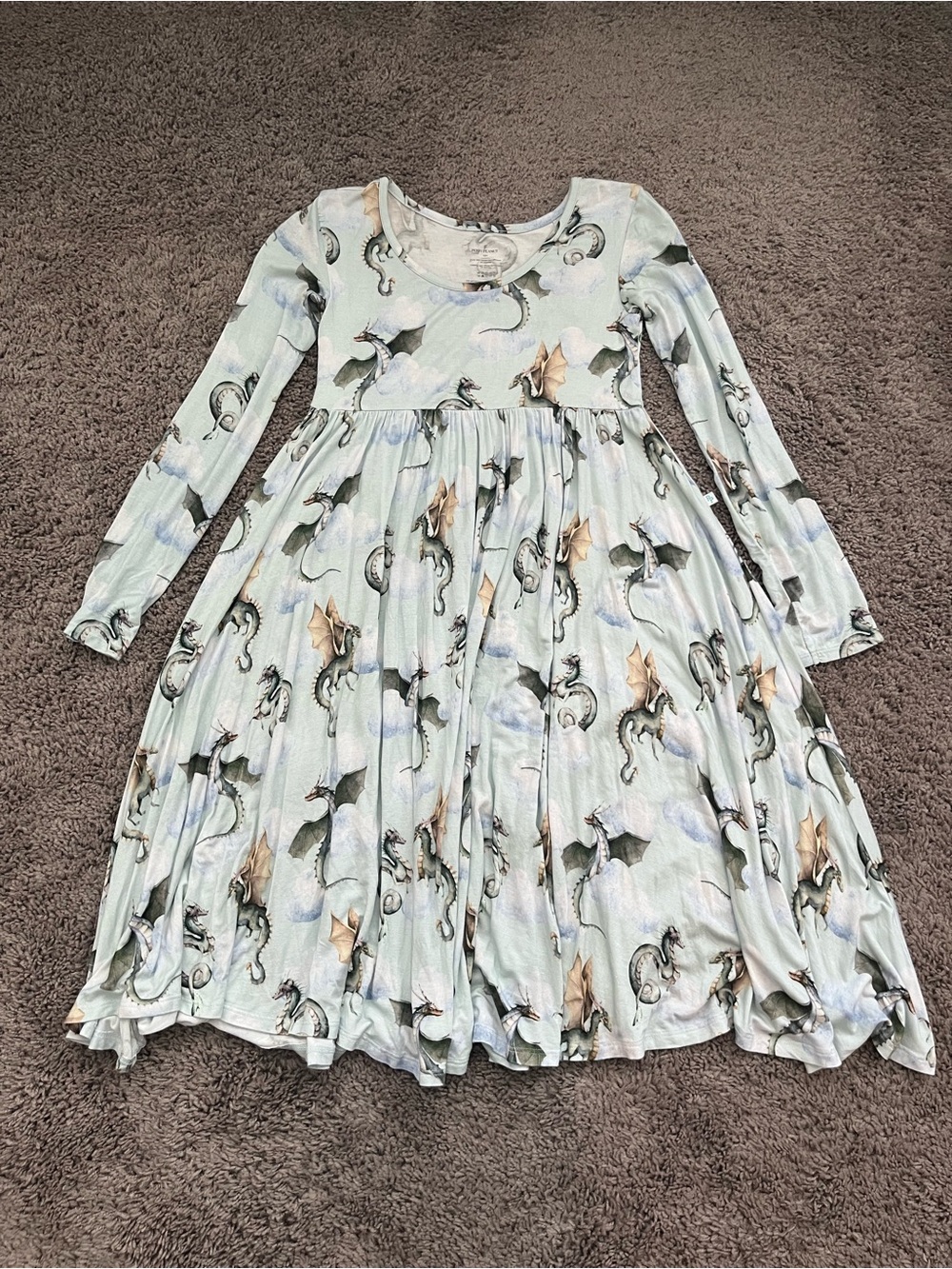 Kids Posh Peanut Dragon Print Long Sleeve Twirl Dress - Percy - Size 12